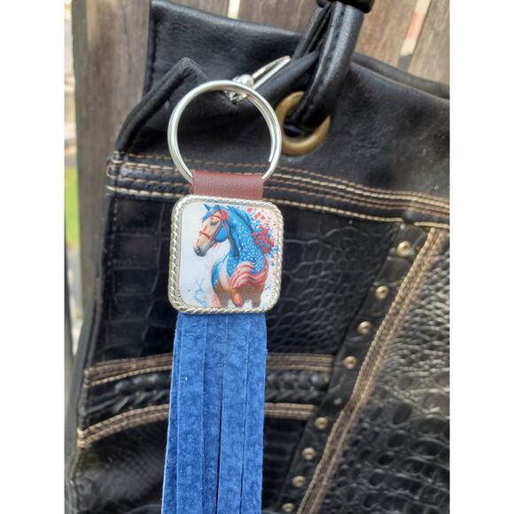Handmade horse flag boho Leather Fringe Western bag charm, Long fringe keychain - Picture 3 of 5